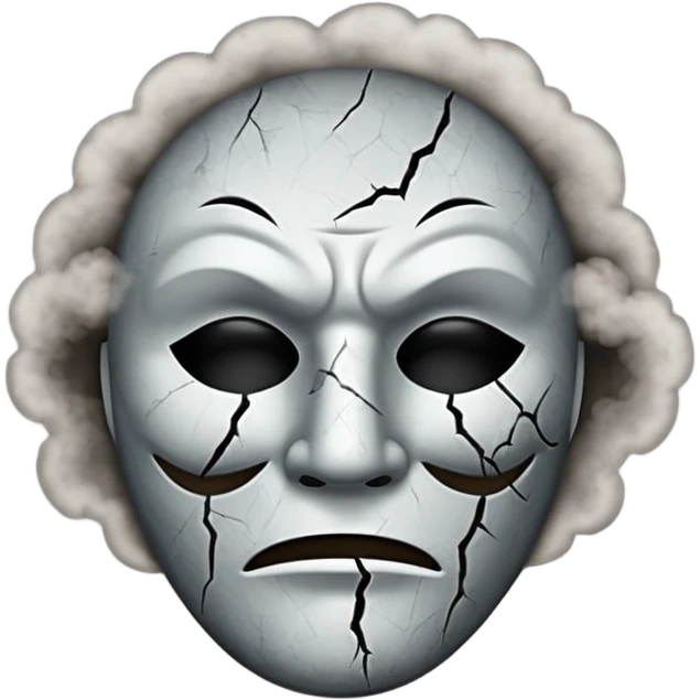Minimalist emoji-style sticker of a cracked actor’s mask with empty eyes and faint smoke rising, grayscale with dusty shadows emoji