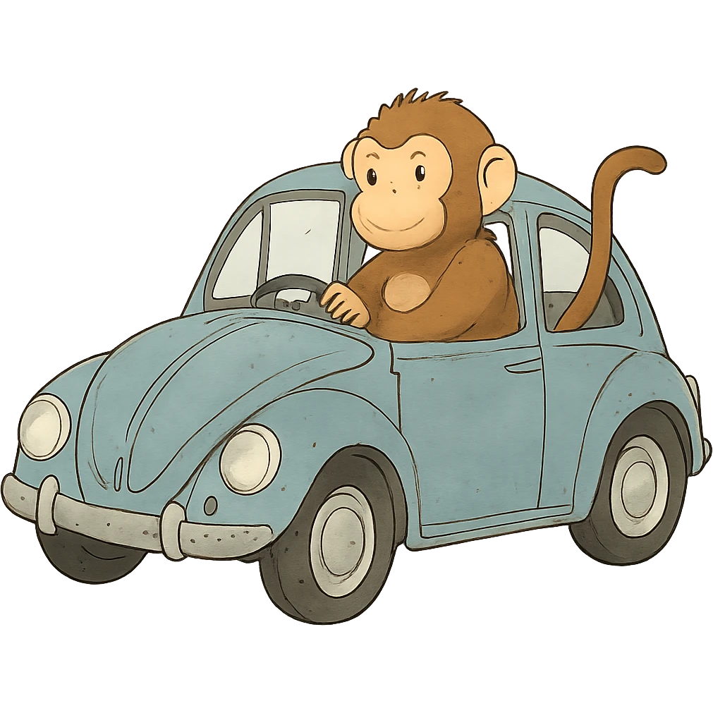 ghibli style illustration of a monkey with a car emoji
