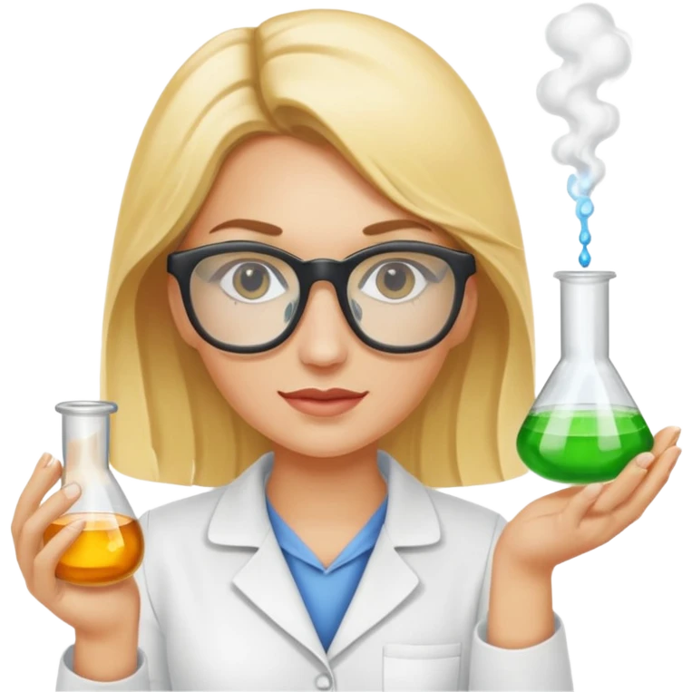 Eine hellblonde Chemikerin mit typischem Erlmeyerkolben in der Hand und Laborbrille auf emoji