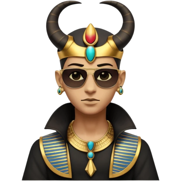 3D cartoon horned character portrait, wearing sunglasses, gothic ancient Egyptian style, pharaoh collar, dark gold and black outfit, ankh symbols, Egyptian jewelry, mysterious expression, soft dramatic lighting, centered, clean background, no text, no watermark emoji