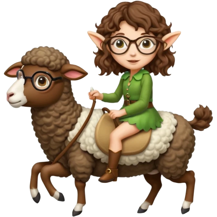 tiny forest elf woman brown wavy hair glasses riding a sheep emoji