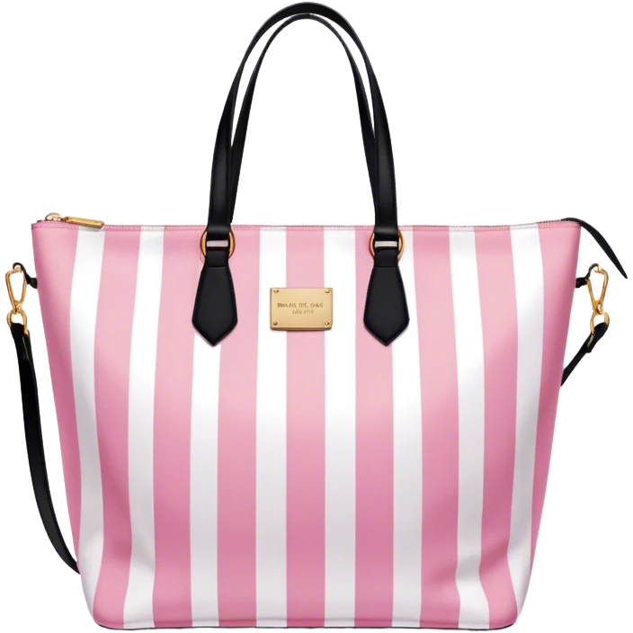 pink and pale pink vertical striped victoria secret bag with black handles emoji