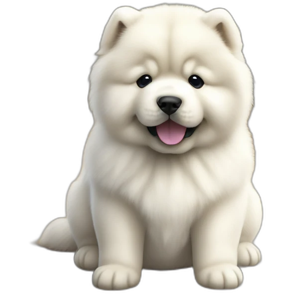 Chow chow white pup,asking for food,young cute,furry shiny dog cute, realistic, young,sitting on floor, beautiful picture, 4k, 16k emoji