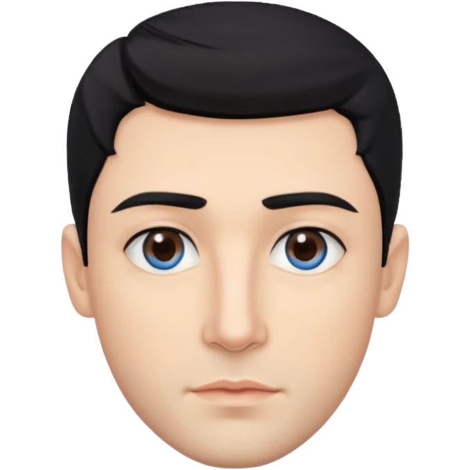 Man. With black hair. Hairstyle texture krop. The skin is beige. One eye is brown, the other is blue. The lips are not big. Beautiful nose. emoji