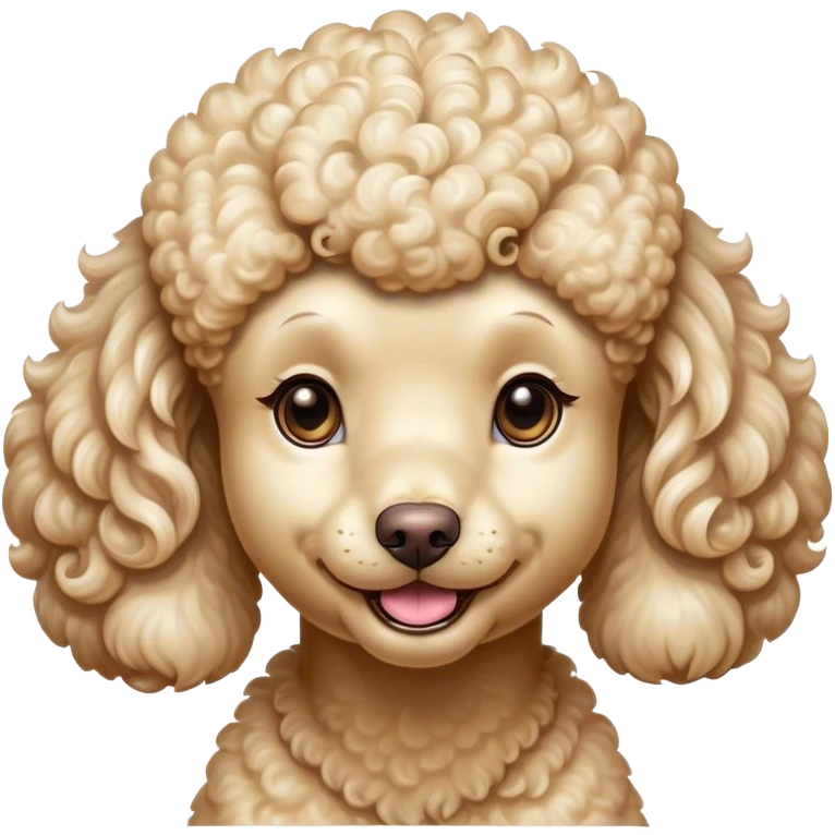 Cinematic Comical Cream Poodle Portrait Emoji, Head tilted dramatically with an exaggeratedly amused expression, featuring a glossy, curly cream Fur with a radiant sheen, wide, expressive warm eyes filled with playful disbelief, Simplified yet hilariously expressive features, highly detailed, glowing with a slightly sassy glow, high shine, dramatic yet playful, stylized with an air of cheeky mischief, bright and endearing, soft glowing outline, capturing the essence of a spirited and over-the-top companion, so meme-worthy it feels like it could side-eye its way into internet fame instantly! emoji