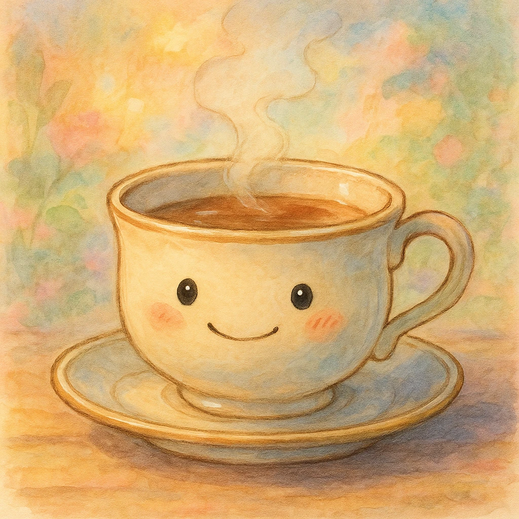 a whimsical teacup with a tiny face, ghibli style emoji