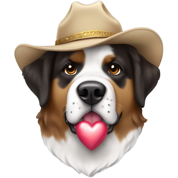 A Saint Bernard mixed with an Australian shepherd wearing a cowboy hat and holding a heart  emoji