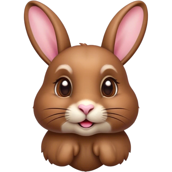 Cinematic Cute Brown Rabbit Portrait Emoji, Head tilted playfully and inquisitively, featuring a glossy, velvety brown fur with perky ears, round, sparkling brown eyes filled with curiosity, Simplified yet irresistibly adorable features, highly detailed, glowing with a warm, friendly glow, high shine, affectionate and lively, stylized with a touch of whimsy, bright and endearing, soft glowing outline, capturing the essence of a mischievous yet loving bunny, so playful it feels like it could hop out of the screen and into your arms! emoji