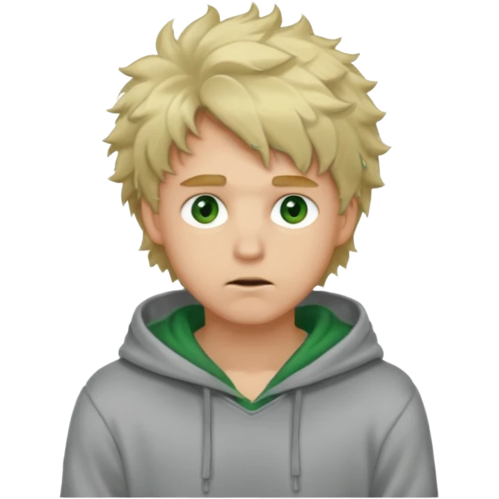 Hot, fluffy messy  hair blond guy with green eyes and grey hoodie closed mouth emoji