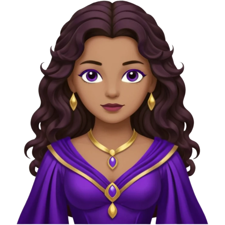 Hyacinth, Divine Hero from Gods and Goddesses with long dark brown wavy hair, deep purple outfit, tan skin emoji