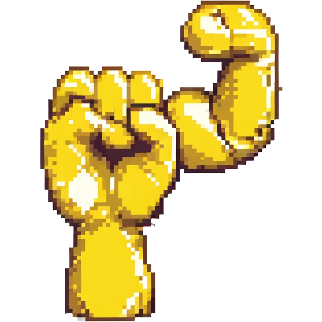 pixel art style, emoji-like strong arm flexing, simple and bold, yellow color, minimal details emoji