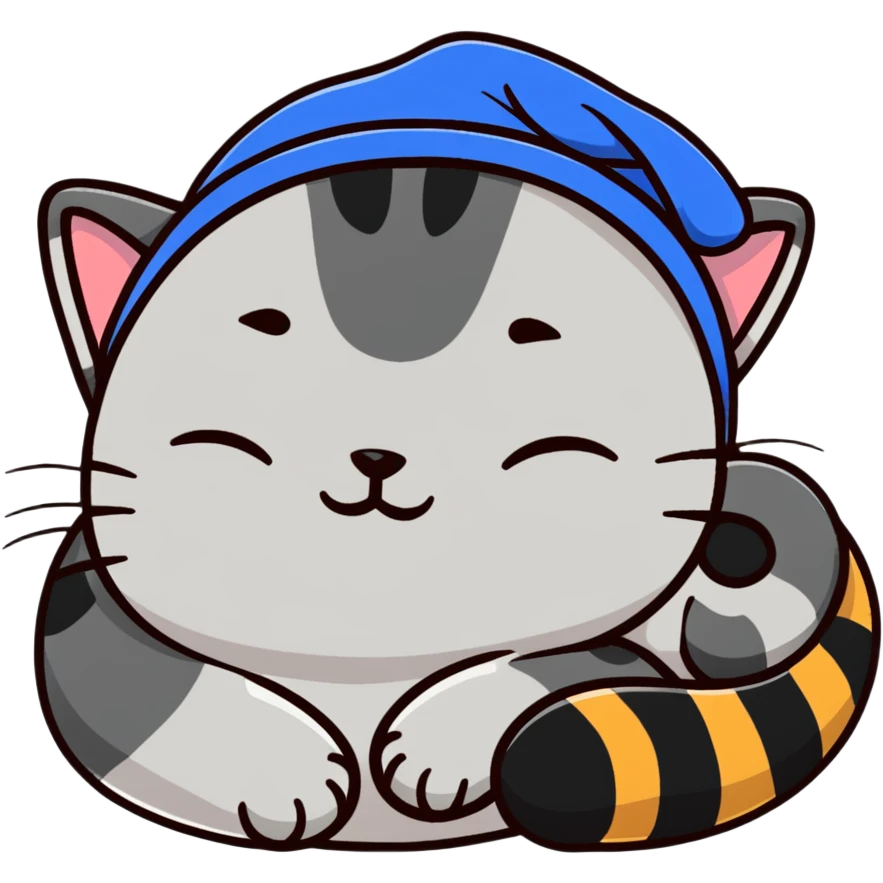 Tabby cat sleeping with a sleep cap emoji