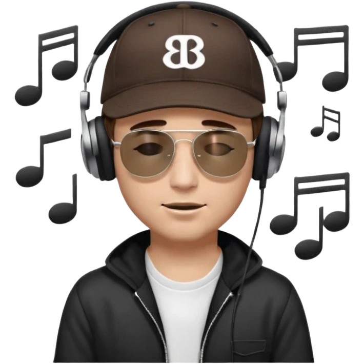 emojis.com dj-man-white-with-baseball-cap---rayban-sun-glasses-80s---brown-hair---closed-eyes-with-headphones-on-with-musical-note-over-head-(listening-to-music-)---eyes-closed-no-glasses---black-hat--musical-notes emoji