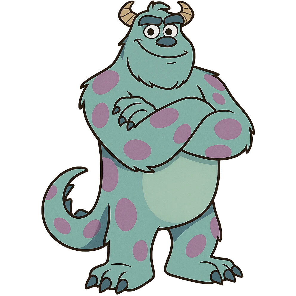 James P. Sullivan Sulley from Monsters Inc, standing with arms crossed, confident, blue and purple, cartoon monster, style matching confident Mike Wazowski emoji