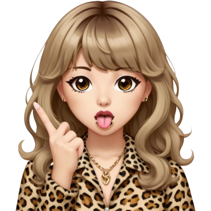 girl with brown medium length wavy hair with bangs, in leopard print gyaru fashion, with tongue out, middle finger emoji