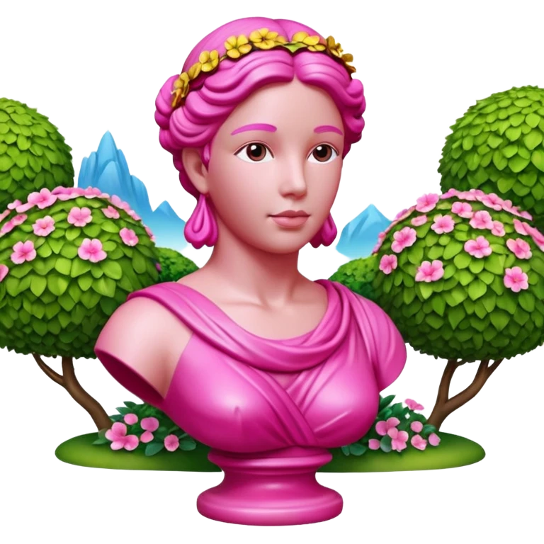 Jeff Koons style pink Grecian bust sculpture in a floral garden landscape  emoji