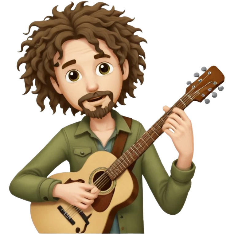 Generate a malnourished dude with curly hair and a shitty goatee who is high on marijuana playing the guitar and twisting a strand of his hair emoji