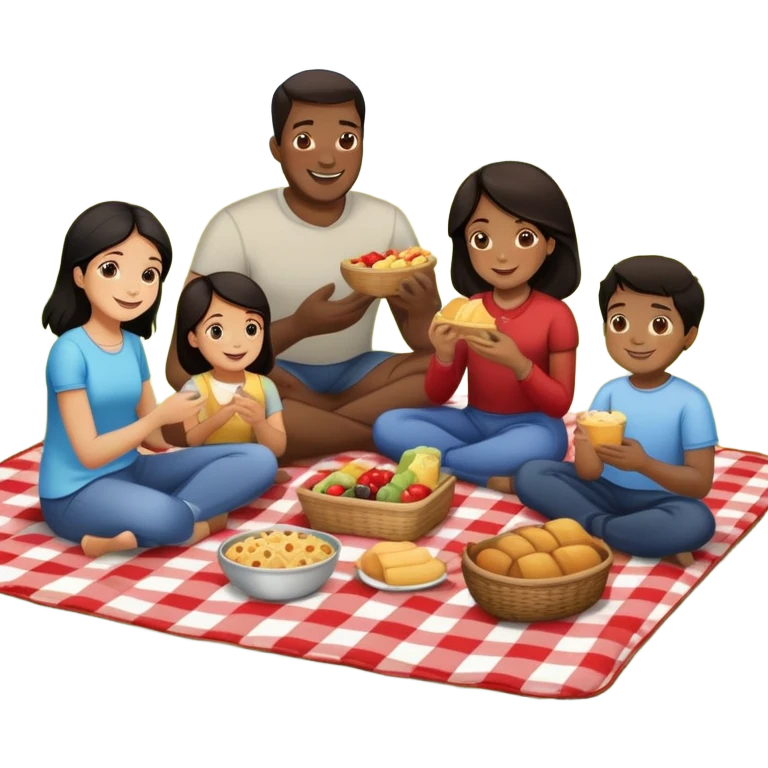 Diverse family picnic with Black parents and children with dark hair sitting on a blanket enjoying food outdoors emoji
