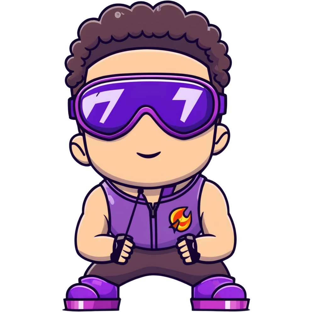 close-up of bad guy male athlete with white skin and moderately curly dark brown hair on top with shaved sides, wearing ski goggles with purple frames and very dark black lenses, a simple plain black chain necklace, and a completely unzipped sleeveless vest with purple and black sequin fire pattern design with no logo, with an extremely arrogant expression sticking his tongue out mockingly, looking menacing and villainous emoji