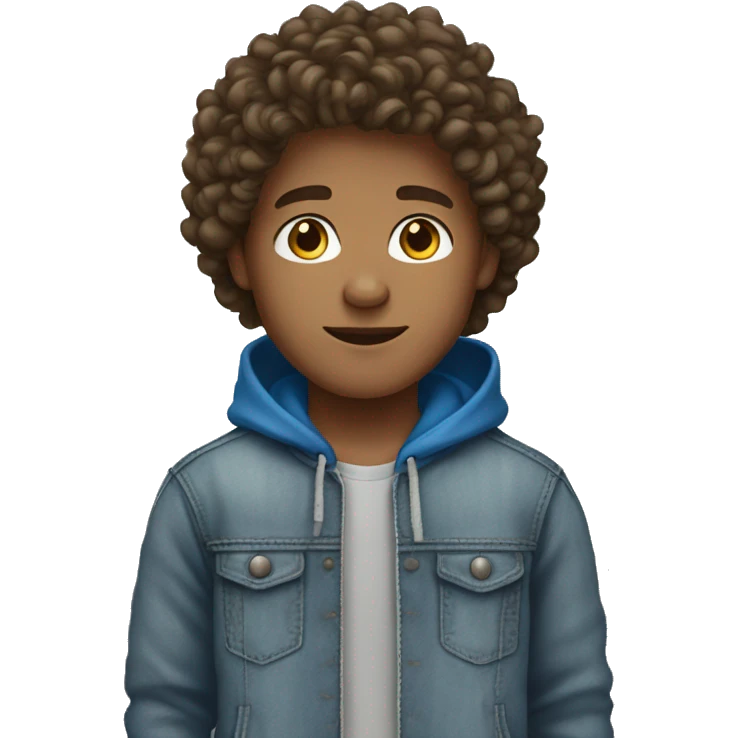 Boy with brown curly hair wear blue hoodie and grey jeans emoji