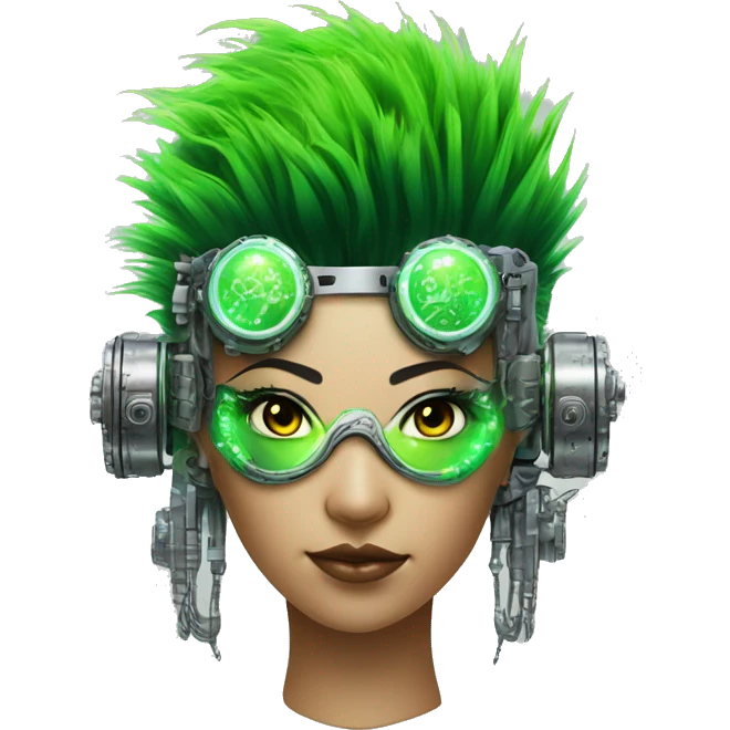 Neon green Mohawk hair Asian female cyborg head with silver steampunk goggles and circuits emoji