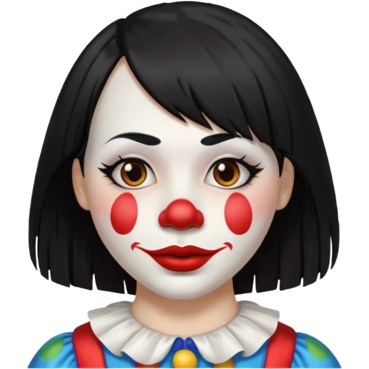 Uma palhaça om os cabelos pretos, longos, liso e com franja, olhos castanhos emoji