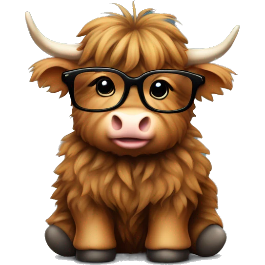 Cute Fluffy brown Highland cow baby sitting with a black glasses in a sweather emoji