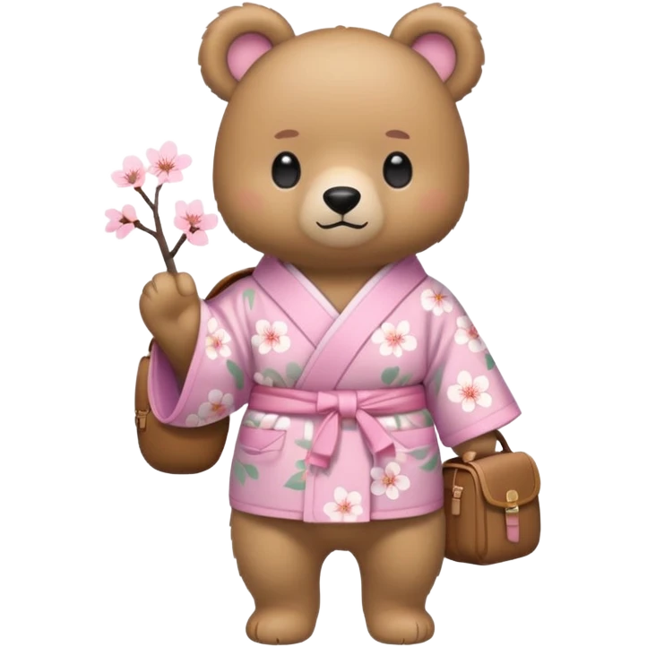 A cute light-brown bear wearing a pastel pink sakura-patterned kimono, normal balanced body ratio.  
Wearing a small backpack on the back, one paw holding the strap, ready to go outside.  
Kawaii emoji style, minimalistic clean sticker illustration, white background. emoji