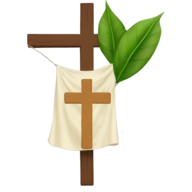 A cross with a cloth over the shoulders of the cross and its hanging down with a leaf on the back of the neck of the cross emoji