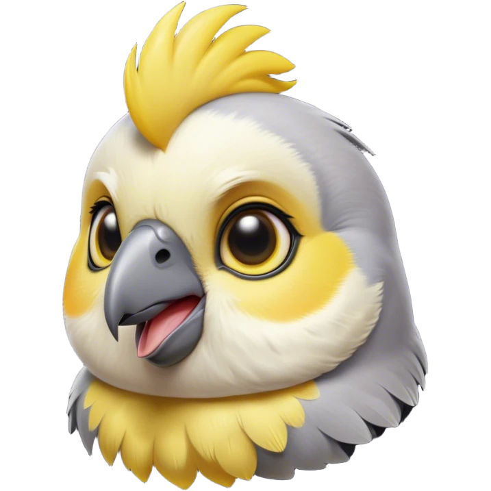 Cinematic Cute Cockatiel Portrait Emoji, Head tilted playfully and inquisitively, featuring a smooth grey fur with bright yellow accents and a perky crest, round, sparkling dark eyes filled with curiosity, Simplified yet irresistibly adorable features, highly detailed, glowing with a warm, friendly glow, high shine, affectionate and lively, stylized with a touch of whimsy, bright and endearing, soft glowing outline, capturing the essence of a mischievous yet loving cockatiel, so playful it feels like it could chirp out of the screen and into your arms! emoji