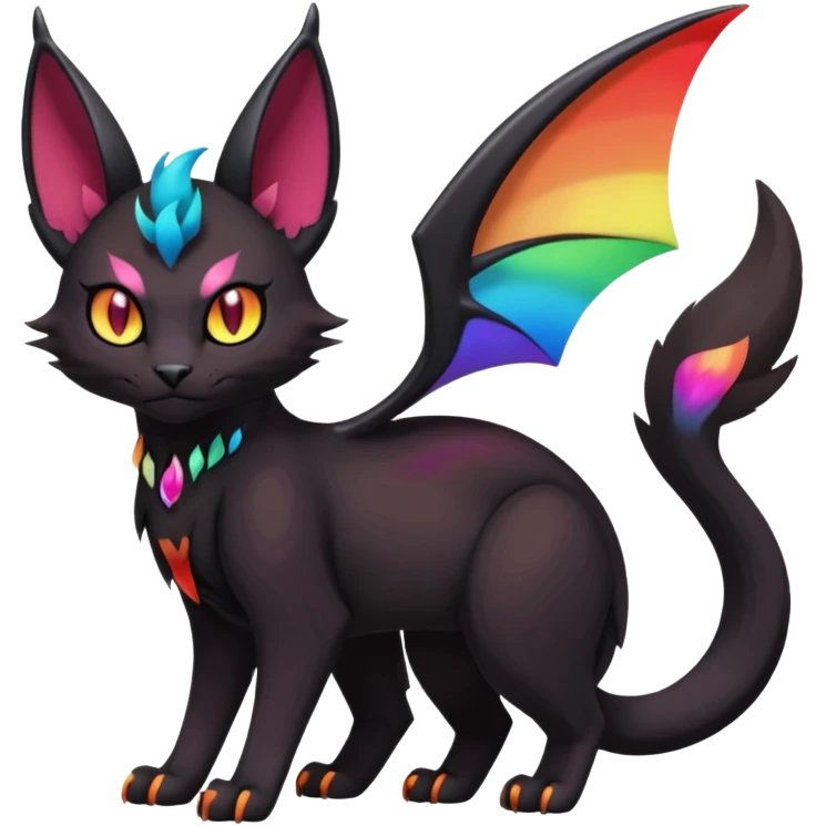 Obsidian-pitch-Black with rainbow-markings edgy Noivern-Purloin-Torracat-Lykoi-Caracal-cat-Fakemon-fusion-hybrid-creature emoji