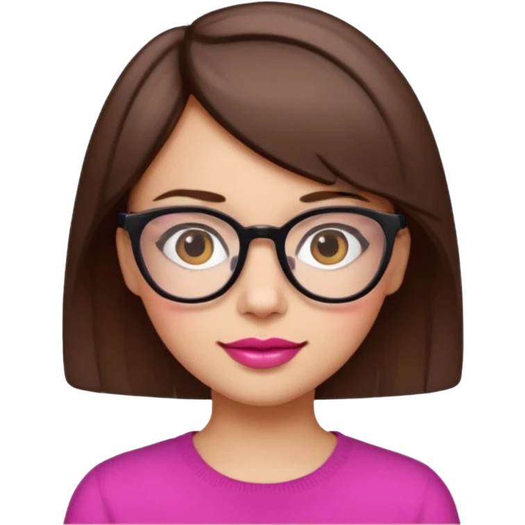short brown hair girl with glasses, pink lips, and a slight smile, emoji style emoji