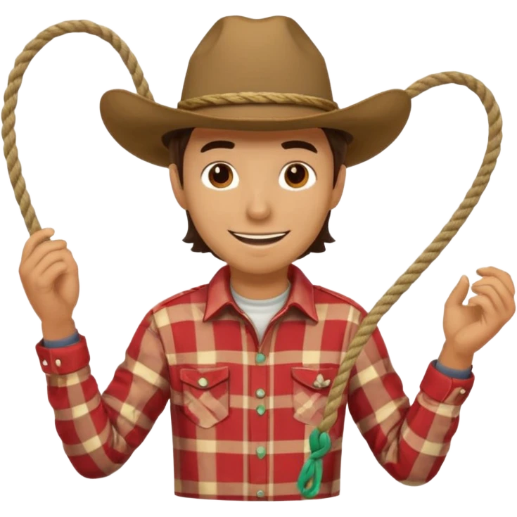 A cowboy with wide-brim hat, plaid shirt, and relaxed grin while twirling a rope.
 emoji