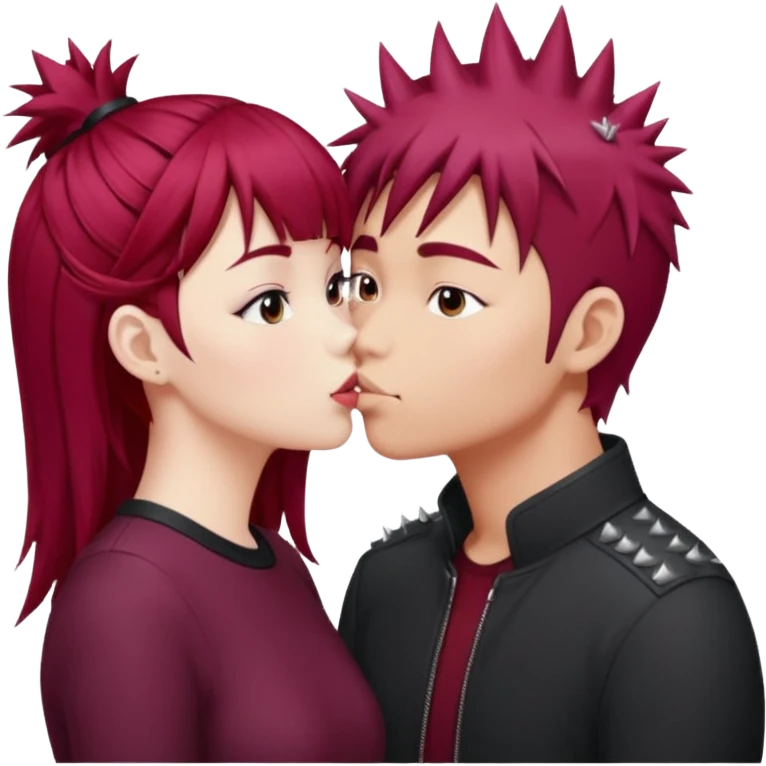 Asian Spiky short red hair  guy kissing white girl with long burgundy hair and bangs  emoji