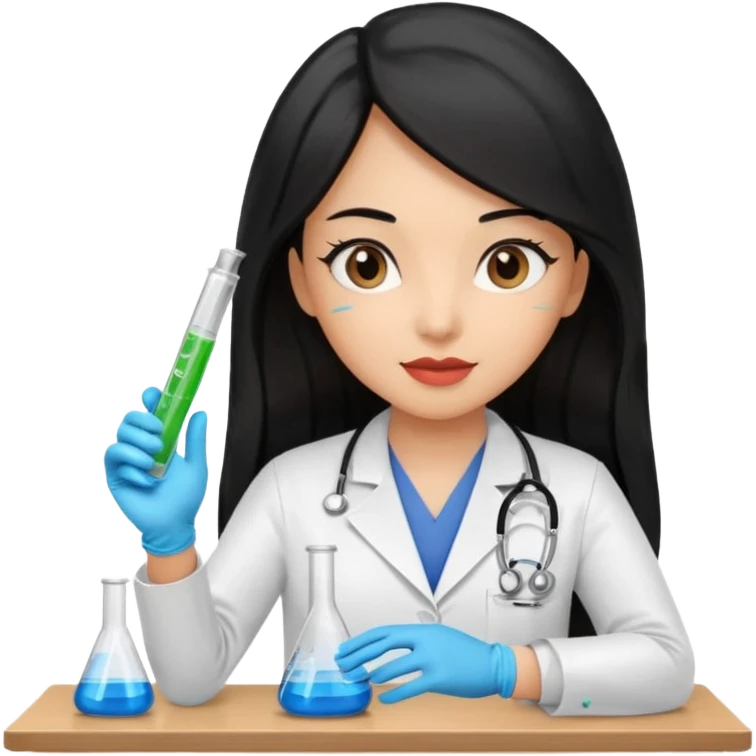 doctora con gauntes y marallilas e insumos lavoratorio pelo negro largo triguella emoji