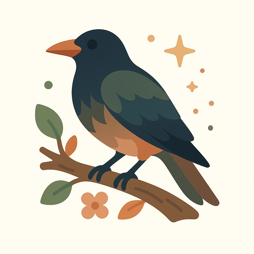 A mysterious crow perched on a branch, surrounded by a soft, magical atmosphere. The crow’s feathers are deep, dark hues with hints of golden orange (FA9B41), forest green (4A7C5C), muted taupe brown (96775A), and pastel peach (FFCC9A) subtly blending into its plumage. The branch is weathered and textured, with small leaves in green and peach tones, and delicate flowers or tiny sparks floating around. The lighting is soft and ambient, casting a warm, mystical glow over the scene, creating a quiet yet enchanting atmosphere. The crow’s sharp eyes and poised posture add to the mysterious, slightly gothic vibe of the moment emoji