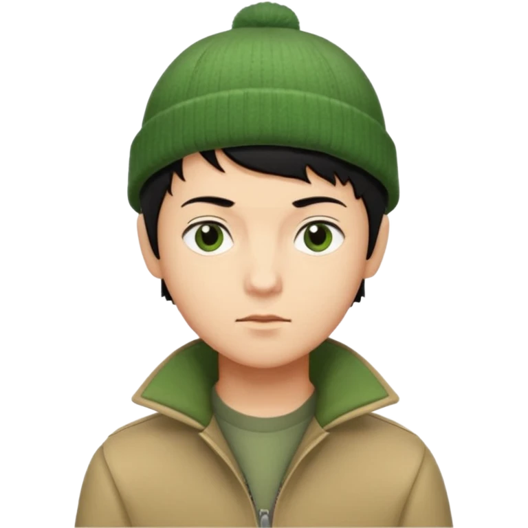 young man with longish pixie cut black hair, tan complexion, green beenie hat, tan jacket, pork chop sideburns emoji