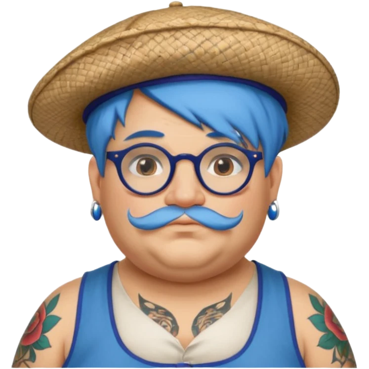 very tattoed face, normal glassess, fat venice gondolier with iconic hat and blue hair woman emoji