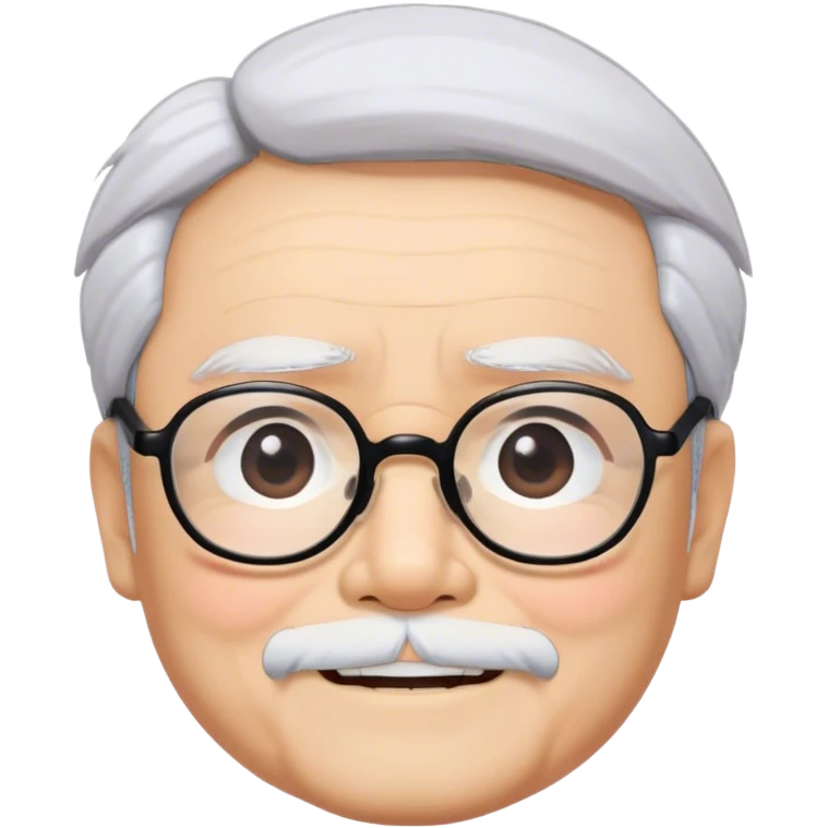 ​Cinematic Realistic Portrait of Hayao Miyazaki, depicted with defined black eyebrows, and large rectangular glasses, his happy expression rendered in lifelike detail, illuminated with soft, realistic lighting that emphasizes his creative genius, emoji