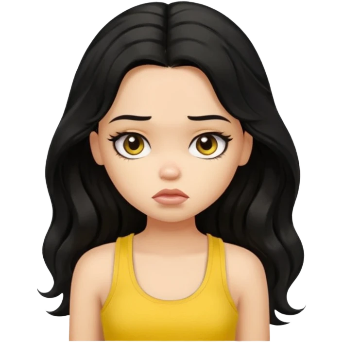 a pretty bratz girl with long wavy black hair, wearing a yellow tank top. looking sad emoji