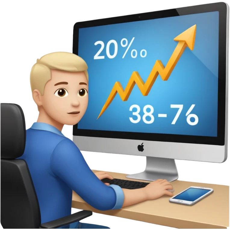 A person sitting at a desk working and looking at a computer with upward arrows and percentage signs, suggesting digital sales, marketing, or outreach. emoji