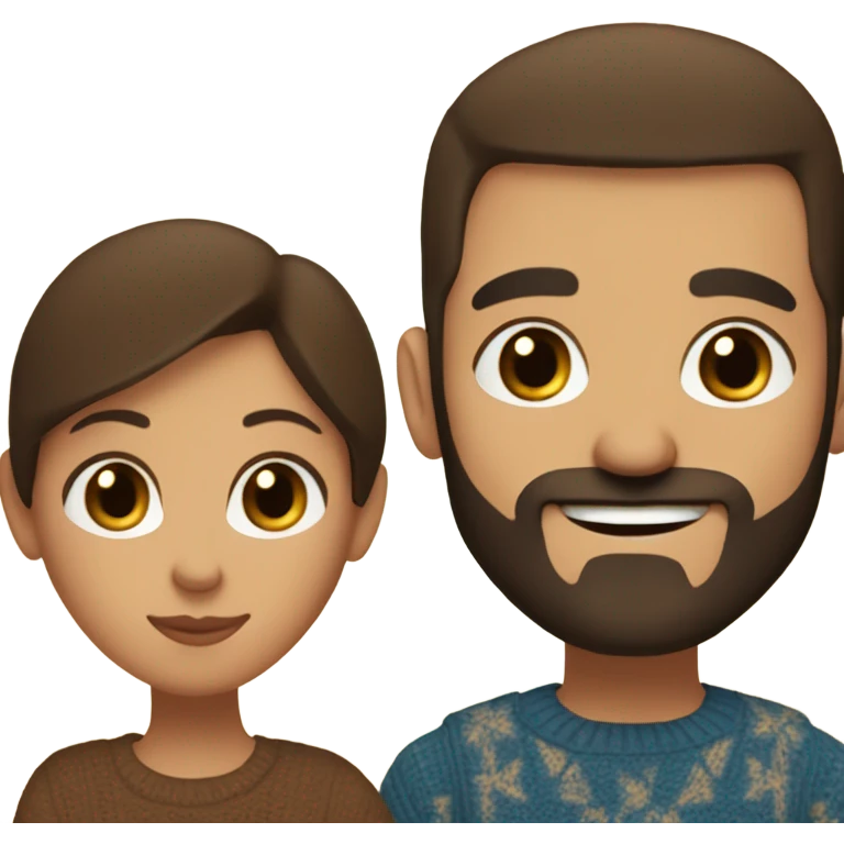 Comforting hug from brunette Puerto Rican with dark brown eyes wearing a cute blue top to short, bald man with brown eyes and a beard wearing a brown sweater emoji