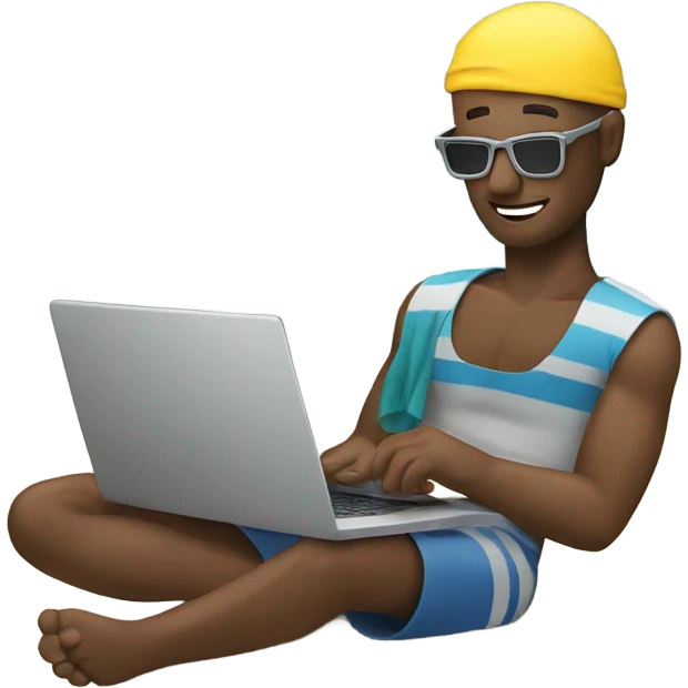 Man working with laptop on beach while holiday emoji