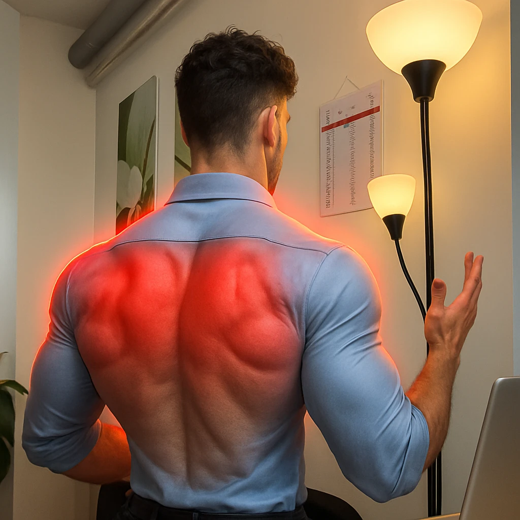 Realistic man seen from behind, inspired by the face in the provided photo but framed from the back. Athletic and muscular body with well-developed back and triceps, highlighted by a glowing red halo around these areas. Realistic style with a positive and motivational atmosphere. emoji