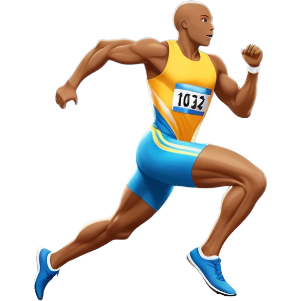 An icon depicting a sprinter in mid-run on a track, muscles tense with speed. The background shows a vibrant stadium filled with cheering fans, bright lights illuminating the track, and a clear sky above. The energy of the race and the thrill of competition are captured in motion.  emoji