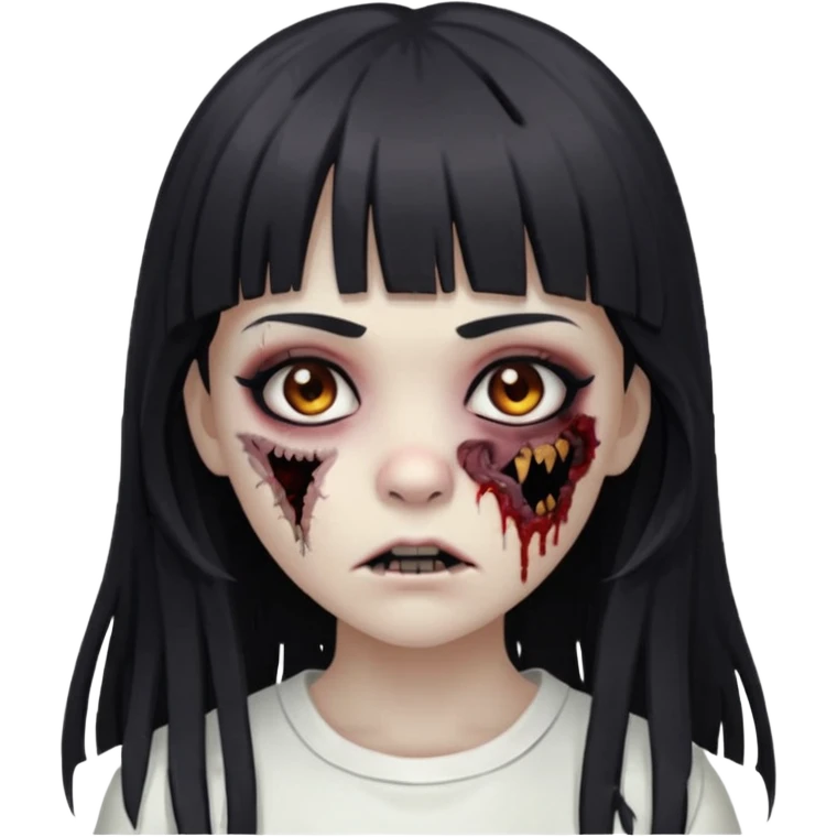 Make a girl with bangs with very dark black and long hair, light brown eyes and white clothes in the form of a zombie emoji