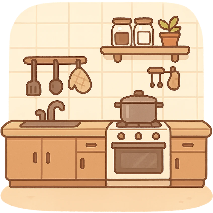 一个温馨的厨房，前面是片空地 emoji