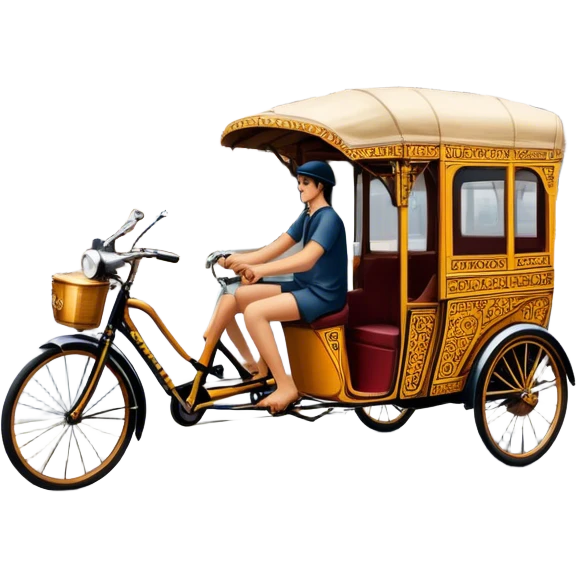 Cyclo rickshaw – Cinematic Realistic Cyclo Rickshaw, depicted as a charming, ornately painted three-wheeled cycle taxi with vintage detailing, set on bustling city streets under dynamic urban lighting that evokes cultural heritage and nostalgic charm. emoji