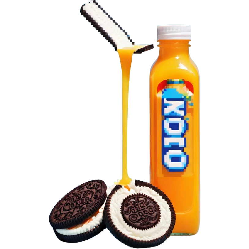 orange juice bottle being cut in half by Oreo cookies emoji