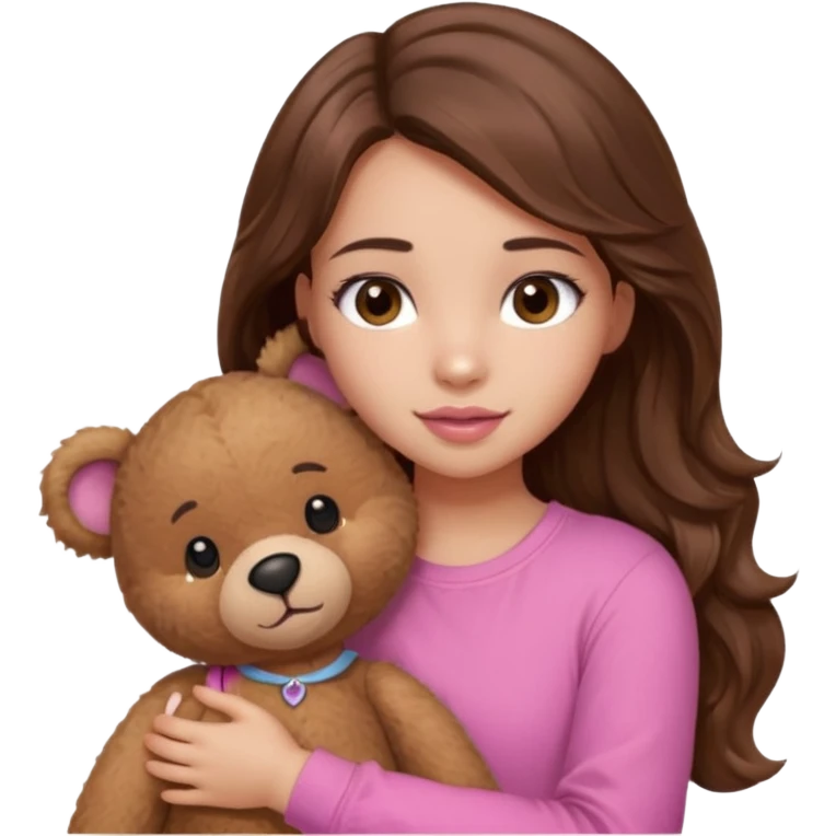 girl with long wavy brown hair, brown eyes, light to medium complexion, in a pink shirt, pink lips, long lashes, hugging a teddy bear emoji